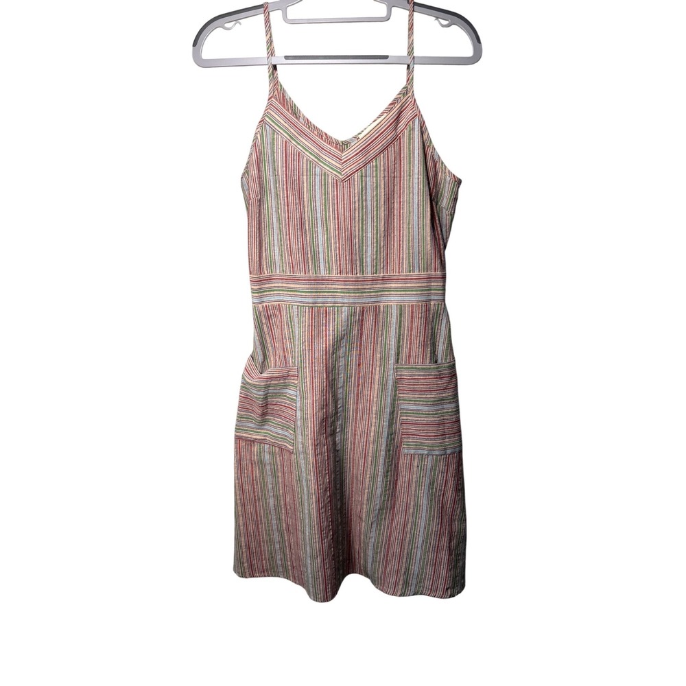 MONTEAU Multi Stripe Spaghetti Strap Mini Dress Pockets Elastic Waist Size M